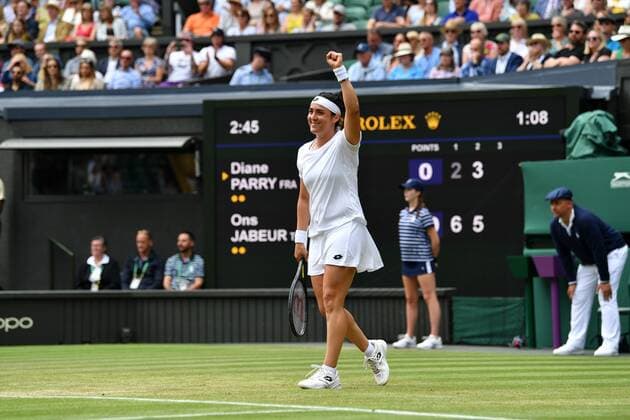 Mandatory Credit: Photo by James Veysey Shutterstock (13012400be) Ons Jabeur ceklebrates victory in her third round match Wimbledon Tennis Championships, Day 5, The All England Lawn Tennis and Croquet Club, London, UK - 01 Jul 2022 Wimbledon Tennis Championships, Day 5, The All England Lawn Tennis and Croquet Club, London, UK - 01 Jul 2022  Copyright: xJamesxVeysey Shutterstockx 13012400be