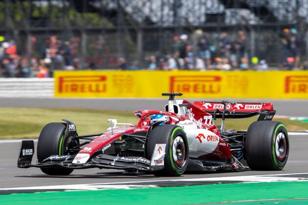 1st July 2022, Silverstone Circuit, Silverstone, Northamptonshire, England: British F1 Grand Prix, free practise day: Alfa Romeo F1 Team Orlen driver Valtteru Bottas in his Alfa Romeo-Ferrari C42 fastest in FP1  ActionPlus12403475 TimxWilliams