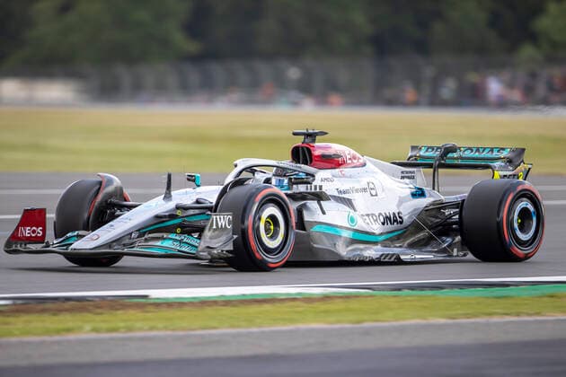 1st July 2022, Silverstone Circuit, Silverstone, Northamptonshire, England: British F1 Grand Prix, free practise day: Mercedes-AMG Petronas F1 Team driver George Russell in his Mercedes F1 W13 during FP1  ActionPlus12403481 TimxWilliams