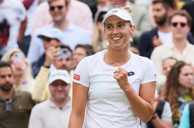 Belgian Elise Mertens celebrates after winning a third round game in the women s singles tournament between Belgian Mertens (WTA30) and German Kerber (WTA19) at the 2022 Wimbledon grand slam tennis tournament at the All England Tennis Club, in south-west London, Britain, Friday 01 July 2022. BENOITxDOPPAGNE  x36926939x