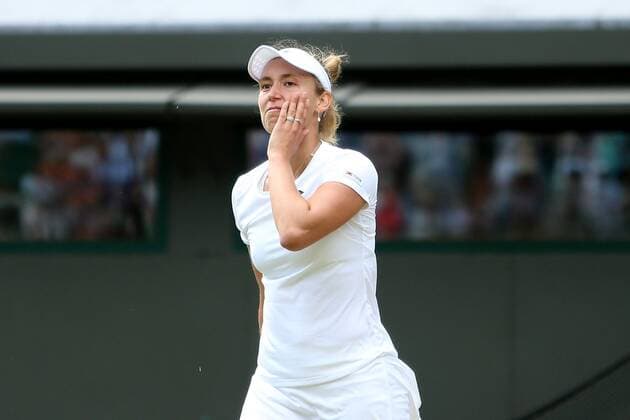 Great Britain, London, All England Lawn Tennis Club, The Championships Wimbledon 2022 - DAY 5- 01 07 2022 Elise Mertens from Belgium reacts after she won her third round match in London , All England Lawn Tennis Club at The Championships Wimbledon 2022 The Championships Wimbledon 2022- DAY 5- 01 07 2022 PhotoNews Panoramic 