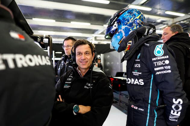 Toto Wolff AUT, Mercedes AMG Petronas F1 Team , 63 George Russell GBR, Mercedes AMG Petronas F1 Team , F1 Grand Prix of Great Britain at Silverstone Circuit on July 1, 2022 in Silverstone, United Kingdom Photo by HOCH ZWEI Silverstone United Kingdom