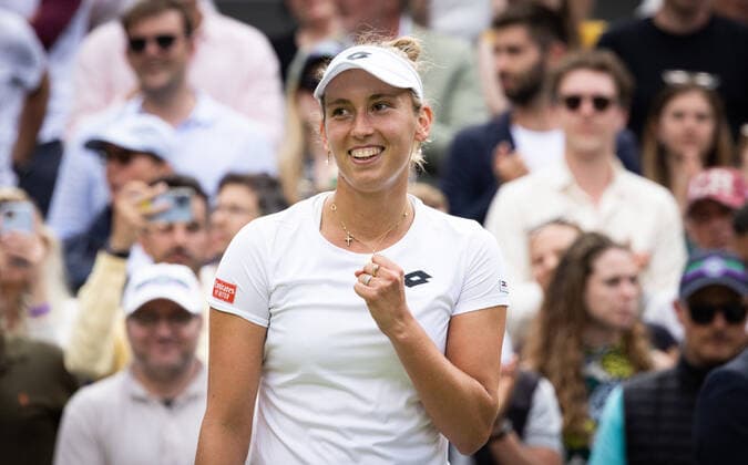 Belgian Elise Mertens celebrates after winning a third round game in the women s singles tournament between Belgian Mertens (WTA30) and German Kerber (WTA19) at the 2022 Wimbledon grand slam tennis tournament at the All England Tennis Club, in south-west London, Britain, Friday 01 July 2022. BENOITxDOPPAGNE  x36929698x