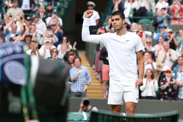 Ist July 2022, All England Lawn Tennis and Croquet Club, London, England; Wimbledon Tennis tournament; Carlos Alcaraz celebrates the win against Oscar Otte in the mens singles  ActionPlus12403740 ShaunxBrooks