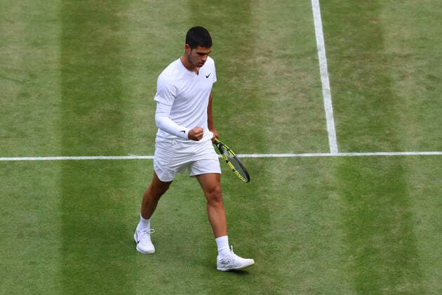 Ist July 2022, All England Lawn Tennis and Croquet Club, London, England; Wimbledon Tennis tournament; Carlos Alcaraz celebrates a point against Oscar Otte in the mens singles  ActionPlus12403750 ShaunxBrooks