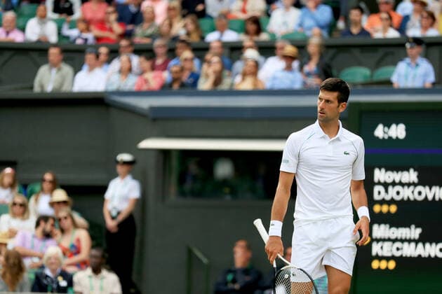 (220702) -- LONDON, July 2, 2022 -- Novak Djokovic reacts during the men s singles third round match between Novak Djokovic of Serbia and Miomir Kecmanovic of Serbia at Wimbledon Tennis Championship in London, Britain, on July 1, 2022. ) (SP)BRITAIN-LONDON-TENNIS-WIMBLEDON-MEN S SINGLES LixYing 