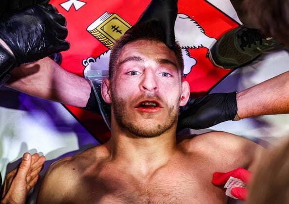 PERM, RUSSIA - JULY 1, 2022: Russiaâ€™s Valery Dashkevich is seen during a bout at Ural Fighting Championship (Ural FC 1) at the Molot Universal Sports Palace. With 20 MMA bouts and 5 kickboxing bouts, the championship features Maldonado vs Sidelnikov as the main event and also includes a co-main event (Brandao vs Lichkovakha) and 2 main card fights. Valery Sharifulin TASS  TS138B1B