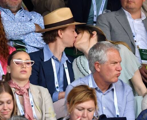 Mandatory Credit: Photo by James Veysey Shutterstock (13012407aa) Thomas Brodie-Sangster and Talulah Riley kissing on Centre Court Wimbledon Tennis Championships, Day 6, The All England Lawn Tennis and Croquet Club, London, UK - 02 Jul 2022 Wimbledon Tennis Championships, Day 6, The All England Lawn Tennis and Croquet Club, London, UK - 02 Jul 2022  Copyright: xJamesxVeysey Shutterstockx 13012407aa