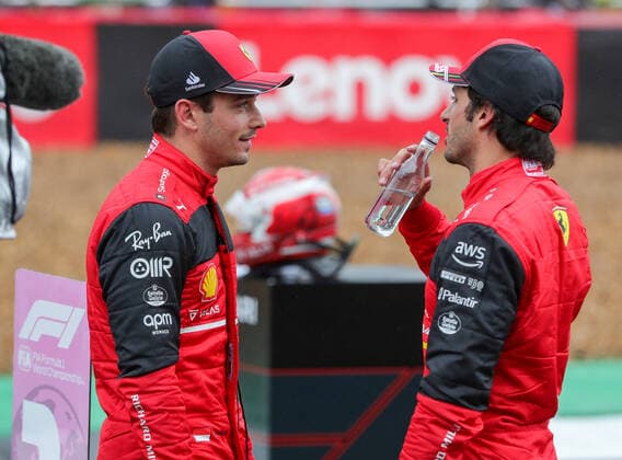 FORMULA 1 LENOVO BRITISH GRAND PRIX 2022, 02 2022 Charles Leclerc 16 (MON), Scuderia Ferrari F1-75 and Carlos Sainz 55 (SPA), Scuderia Ferrari F1-75 after qualifying pole position during the FORMULA 1 LENOVO BRITISH GRAND PRIX at Silverstone Circuit, Silverstone, United Kingdom on 2 July 2022 Editorial Use Only Copyright: xPhilxDuncanx ESM-0555-0014
