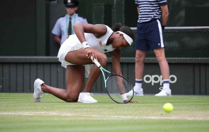 American Coco Gauff in action in her third round match against American Amanda Ansimova on day six of the 2022 Wimbledon championships in London on Saturday, July 02, 2022.  LON2022070212 HUGOxPHILPOTT