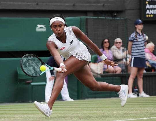 American Coco Gauff in action in her third round match against American Amanda Ansimova on day six of the 2022 Wimbledon championships in London on Saturday, July 02, 2022.  LON2022070219 HUGOxPHILPOTT