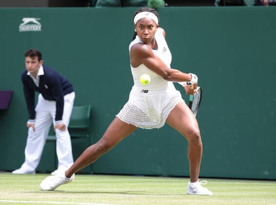 American Coco Gauff in action in her third round match against American Amanda Ansimova on day six of the 2022 Wimbledon championships in London on Saturday, July 02, 2022.  LON2022070222 HUGOxPHILPOTT