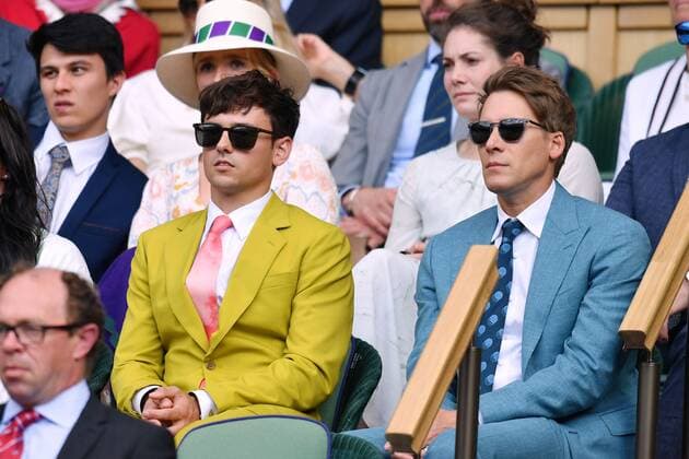Mandatory Credit: Photo by James Veysey Shutterstock (13012407bz) Tom Daley and Dustin Lance Black in the Royal Box on Centre Court Wimbledon Tennis Championships, Day 6, The All England Lawn Tennis and Croquet Club, London, UK - 02 Jul 2022 Wimbledon Tennis Championships, Day 6, The All England Lawn Tennis and Croquet Club, London, UK - 02 Jul 2022  Copyright: xJamesxVeysey Shutterstockx 13012407bz
