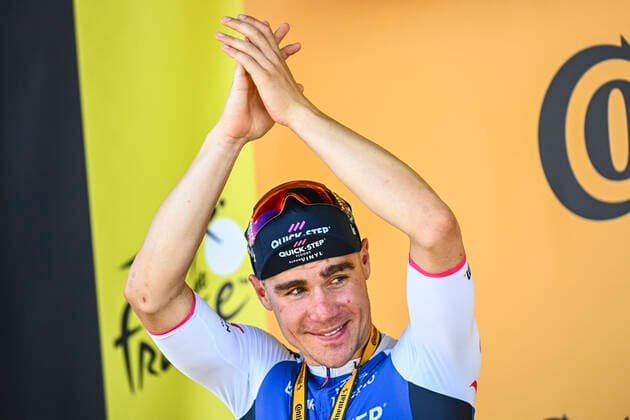 Dutch Fabio Jakobsen of Quick-Step Alpha Vinyl celebrates on the podium after winning the second stage of the Tour de France cycling race, a 202,2 km race between Roskilde and Nyborg, Denmark, Saturday 02 July 2022. This year s Tour de France takes place from 01 to 24 July 2022 and starts with three stages in Denmark. JASPERxJACOBS  x36951293x