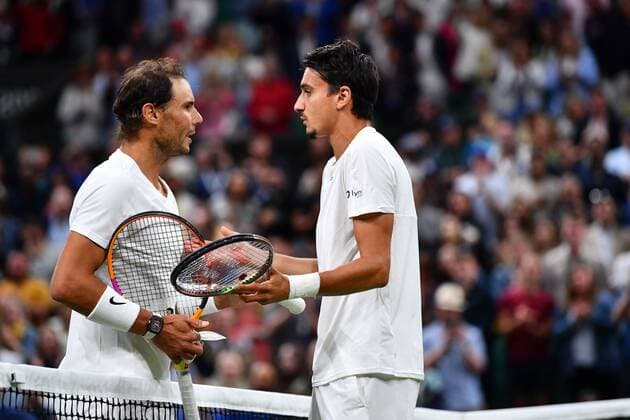 Mandatory Credit: Photo by James Veysey Shutterstock (13012407ff) Rafael Nadal celebrates victory in his third round match against Lorenzo Sonego. The two players had a long discussion at the net at the culmination of the match Wimbledon Tennis Championships, Day 6, The All England Lawn Tennis and Croquet Club, London, UK - 02 Jul 2022 Wimbledon Tennis Championships, Day 6, The All England Lawn Tennis and Croquet Club, London, UK - 02 Jul 2022  Copyright: xJamesxVeysey Shutterstockx 13012407ff