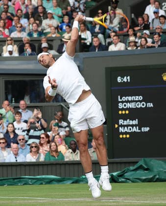 Spain s Rafael Nadal in action in his third round match against Italian Lorenzo Sonego on day six of the 2022 Wimbledon championships in London on Saturday, July 02, 2022.  LON2022070286 HUGOxPHILPOTT