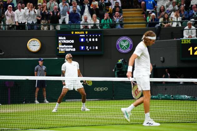 Mandatory Credit: Photo by Javier Garcia Shutterstock (13012408nf) Nick Kyrgios celebrates victory against Stefanos Tsitsipas in their third round match Wimbledon Tennis Championships, Day 6, The All England Lawn Tennis and Croquet Club, London, UK - 02 Jul 2022 Wimbledon Tennis Championships, Day 6, The All England Lawn Tennis and Croquet Club, London, UK - 02 Jul 2022  Copyright: xJavierxGarcia Shutterstockx 13012408nf