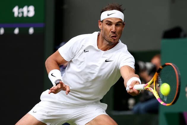2nd July 2022, All England Lawn Tennis and Croquet Club, London, England; Wimbledon Tennis tournament; Rafael Nadal plays a forehand to Lorenzo Sonego in the mens singles  ActionPlus12404372 ShaunxBrooks