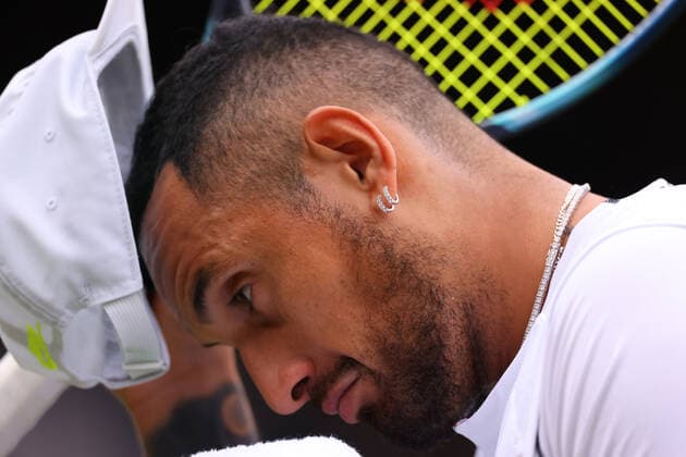 2nd July 2022, All England Lawn Tennis and Croquet Club, London, England; Wimbledon Tennis tournament; Nick Kyrgios adjusts his cap against Stefanos Tsitsipas in the mens singles  ActionPlus12404347 ShaunxBrooks