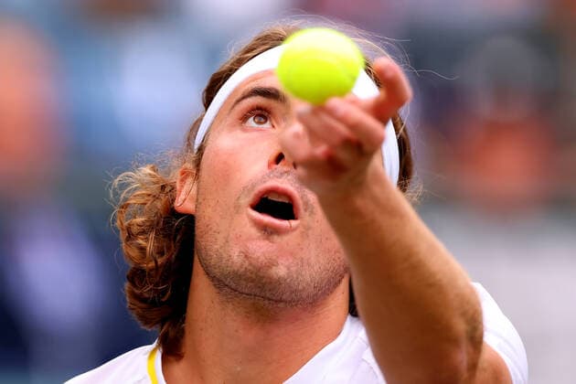2nd July 2022, All England Lawn Tennis and Croquet Club, London, England; Wimbledon Tennis tournament; Stefanos Tsitsipas serves to Nick Kyrgios in the mens singles  ActionPlus12404351 ShaunxBrooks