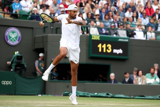 2nd July 2022, All England Lawn Tennis and Croquet Club, London, England; Wimbledon Tennis tournament; Nick Kyrgios plays a forehand to Stefanos Tsitsipas in the mens singles  ActionPlus12404356 ShaunxBrooks