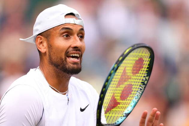 2nd July 2022, All England Lawn Tennis and Croquet Club, London, England; Wimbledon Tennis tournament; Nick Kyrgios complains to the umpire during his match with Stefanos Tsitsipas in the mens singles  ActionPlus12404364 ShaunxBrooks