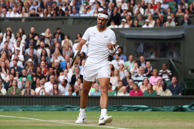 2nd July 2022, All England Lawn Tennis and Croquet Club, London, England; Wimbledon Tennis tournament; Rafael Nadal celebrates after he wins a point against Lorenzo Sonego in the mens singles  ActionPlus12404370 ShaunxBrooks