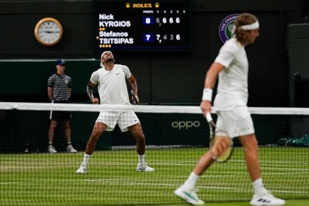 Mandatory Credit: Photo by Dave Shopland Shutterstock (13012402je) Nick Kyrgios celebrates winning his third round match Wimbledon Tennis Championships, Day 6, The All England Lawn Tennis and Croquet Club, London, UK - 02 Jul 2022 Wimbledon Tennis Championships, Day 6, The All England Lawn Tennis and Croquet Club, London, UK - 02 Jul 2022  Copyright: xDavexShopland Shutterstockx 13012402je