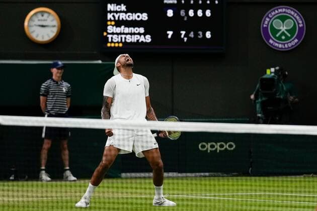 Mandatory Credit: Photo by Dave Shopland Shutterstock (13012402jh) Nick Kyrgios celebrates winning his third round match Wimbledon Tennis Championships, Day 6, The All England Lawn Tennis and Croquet Club, London, UK - 02 Jul 2022 Wimbledon Tennis Championships, Day 6, The All England Lawn Tennis and Croquet Club, London, UK - 02 Jul 2022  Copyright: xDavexShopland Shutterstockx 13012402jh
