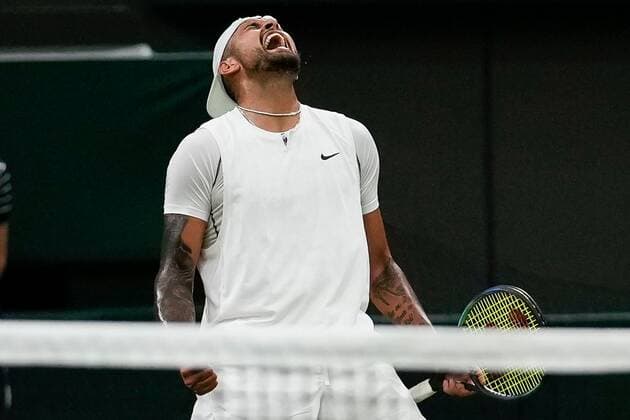 Mandatory Credit: Photo by Dave Shopland Shutterstock (13012402jp) Nick Kyrgios celebrates winning his third round match Wimbledon Tennis Championships, Day 6, The All England Lawn Tennis and Croquet Club, London, UK - 02 Jul 2022 Wimbledon Tennis Championships, Day 6, The All England Lawn Tennis and Croquet Club, London, UK - 02 Jul 2022  Copyright: xDavexShopland Shutterstockx 13012402jp