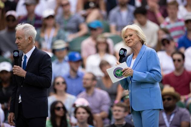 Mandatory Credit: Photo by Ella Ling Shutterstock (13012853e) Sue Barker and John McEnroe walk onto Centre Court to host the centenary celebrations Wimbledon Tennis Championships, Day 7, The All England Lawn Tennis and Croquet Club, London, UK - 03 Jul 2022 Wimbledon Tennis Championships, Day 7, The All England Lawn Tennis and Croquet Club, London, UK - 03 Jul 2022  Copyright: xEllaxLing Shutterstockx 13012853e