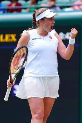 Mandatory Credit: Photo by James Veysey Shutterstock (13012857u) Jelena Ostapenko celebrates during her fourth round match Wimbledon Tennis Championships, Day 7, The All England Lawn Tennis and Croquet Club, London, UK - 03 Jul 2022 Wimbledon Tennis Championships, Day 7, The All England Lawn Tennis and Croquet Club, London, UK - 03 Jul 2022  Copyright: xJamesxVeysey Shutterstockx 13012857u