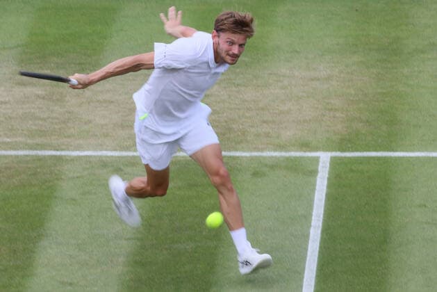 Belgian David Goffin pictured in action during a tennis match against US Tiafoe in the fourth round of the men s singles tournament at the 2022 Wimbledon grand slam tennis tournament at the All England Tennis Club, in south-west London, Britain, Sunday 03 July 2022. BENOITxDOPPAGNE  x36970510x
