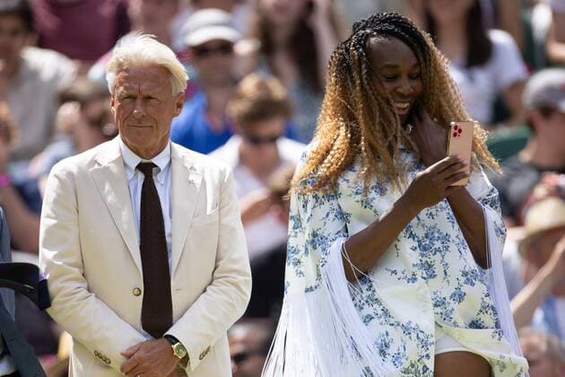Mandatory Credit: Photo by Ella Ling Shutterstock (13012853s) Bjorn Borg and Venus Williams on Centre Court as part of the centenary celebrations Wimbledon Tennis Championships, Day 7, The All England Lawn Tennis and Croquet Club, London, UK - 03 Jul 2022 Wimbledon Tennis Championships, Day 7, The All England Lawn Tennis and Croquet Club, London, UK - 03 Jul 2022  Copyright: xEllaxLing Shutterstockx 13012853s