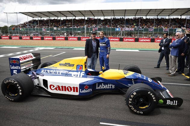 VETTEL Sebastian (ger), Aston Martin F1 Team AMR22, portrait with Nigel Mansel and Williams-Renault FW14B car during the Formula 1 Lenovo British Grand Prix 2022, 10th round of the 2022 FIA Formula One World Championship, WM, Weltmeisterschaft on the Silverstone Circuit, from July 1 to 3, 2022 in Silverstone, United Kingdom - F1 - BRITISH GRAND PRIX 2022 - RACE DPPI Panoramic  00122025__R5_6581