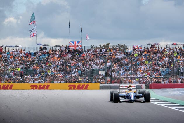 Sebastian Vettel GER, Aston Martin Aramco Cognizant F1 Team 5 in Williams FW14B of Nigel Mansell UK , British Grand Prix, Silverstone, Motorsport, Formula 1, British Grand Prix, Silverstone, Motorsport, Formula 1 Towcester Copyright: xEibner-Pressefotox