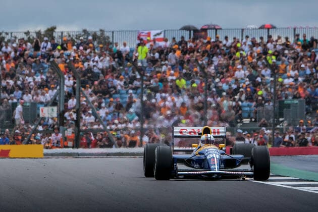 Sebastian Vettel GER, Aston Martin Aramco Cognizant F1 Team 5 in Williams FW14B of Nigel Mansell UK , British Grand Prix, Silverstone, Motorsport, Formula 1, British Grand Prix, Silverstone, Motorsport, Formula 1 Towcester Copyright: xEibner-Pressefotox