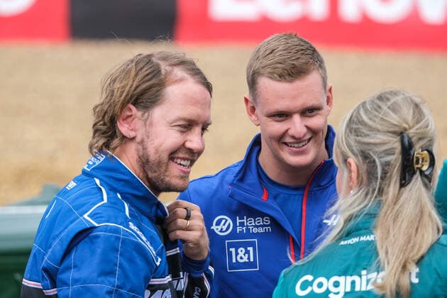 Sebastian Vettel GER, Aston Martin Aramco Cognizant F1 Team 5 Mick Schumacher GER, Haas F1 Team 47 , British Grand Prix, Silverstone, Motorsport, Formula 1, British Grand Prix, Silverstone, Motorsport, Formula 1 Towcester Copyright: xEibner-Pressefotox