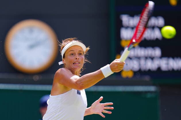 Mandatory Credit: Photo by James Veysey Shutterstock (13012857av) Tatjana Maria during her fourth round match Wimbledon Tennis Championships, Day 7, The All England Lawn Tennis and Croquet Club, London, UK - 03 Jul 2022 Wimbledon Tennis Championships, Day 7, The All England Lawn Tennis and Croquet Club, London, UK - 03 Jul 2022  Copyright: xJamesxVeysey Shutterstockx 13012857av