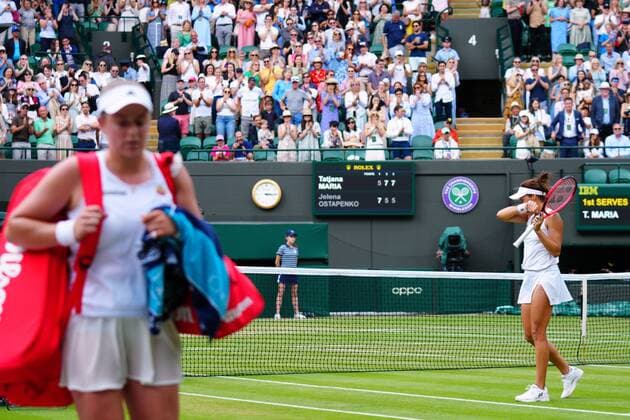 Mandatory Credit: Photo by James Veysey Shutterstock (13012857bc) Jelena Ostapenko dejected after defeat in her fourth round match against Tatjana Maria Wimbledon Tennis Championships, Day 7, The All England Lawn Tennis and Croquet Club, London, UK - 03 Jul 2022 Wimbledon Tennis Championships, Day 7, The All England Lawn Tennis and Croquet Club, London, UK - 03 Jul 2022  Copyright: xJamesxVeysey Shutterstockx 13012857bc
