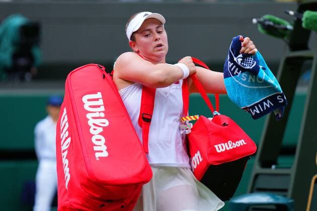 Mandatory Credit: Photo by James Veysey Shutterstock (13012857ba) Jelena Ostapenko dejected after defeat in her fourth round match Wimbledon Tennis Championships, Day 7, The All England Lawn Tennis and Croquet Club, London, UK - 03 Jul 2022 Wimbledon Tennis Championships, Day 7, The All England Lawn Tennis and Croquet Club, London, UK - 03 Jul 2022  Copyright: xJamesxVeysey Shutterstockx 13012857ba