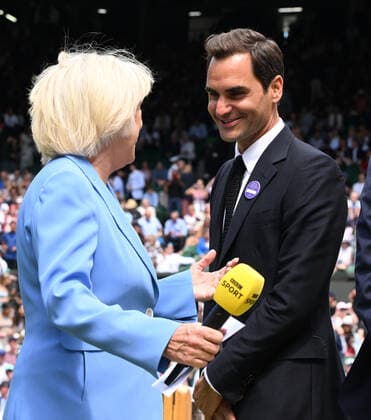 Tennis Championships - Week One - Day Seven - All England Lawn Tennis Club, Wimbledon - Sunday 3rd July 2022 Wimbledon Ceremony celebrating 100 years Roger Federer with Sue Barker of Centre Court 