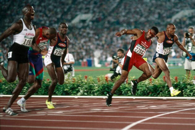 Danovan Bailey ganz links siegt mit neuer Weltrekordzeit über 100m im Finale der Olmpiade von Atlanta 96 zweiter war Frank Frederiks aus Namibia or Dritter Ato Boldon aus Trinidad-Tobago und vierter Dennis Mitchell USA und 5.Michael Marsh USA und Davidson Ezinwa Nigeria und 7. Michael Green Jameika und 8. Linford Christie GBR *** Danovan Bailey far left wins with new world record time over 100m in the final of the Olmpiade of Atlanta 96 second was Frank Frederiks from Namibia or third Ato Boldon from Trinidad Tobago and fourth Dennis Mitchell USA and 5 Michael Marsh USA and Davidson Ezinwa Nigeria and 7 Michael Green Jameika and 8 Linford Christie GBR