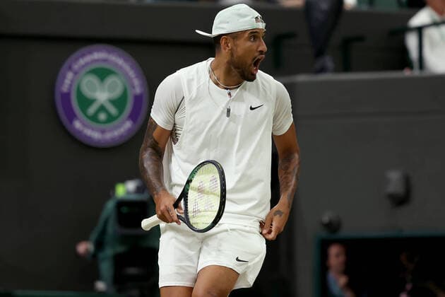 2nd July 2022, All England Lawn Tennis and Croquet Club, London, England; Wimbledon Tennis tournament; Nick Kyrgios celebrates after he wins a point against Stefanos Tsitsipas in the mens singles  ActionPlus12404536 ShaunxBrooks