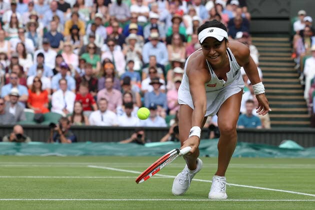 3rd July 2022, All England Lawn Tennis and Croquet Club, London, England; Wimbledon Tennis tournament; Heather Watson plays a volley to Jule Niemeier in the ladies singles  ActionPlus12404582 ShaunxBrooks