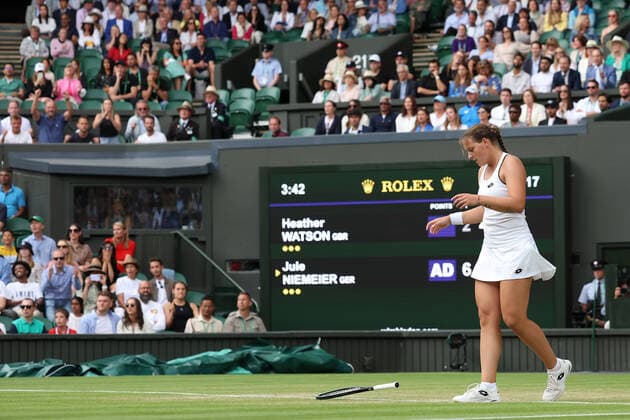 3rd July 2022, All England Lawn Tennis and Croquet Club, London, England; Wimbledon Tennis tournament; Jule Niemeier celebrates after she wins the match against Heather Watson in the ladies singles  ActionPlus12404588 ShaunxBrooks