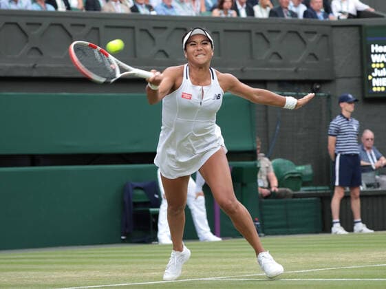 Great Britain s Heather Watson in action in her fourth round match against German s Julie Niemeier on day seven of the 2022 Wimbledon championships in London on Sunday, July 03, 2022. Neimeier won the match 6-2,6-4.  LON2022070302 HUGOxPHILPOTT
