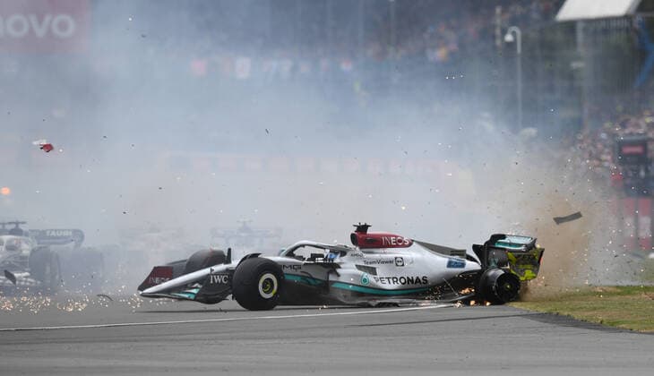 3rd July 2022, Silverstone Circuit, Silverstone, Northamptonshire, England: British F1 Grand Prix, Race day: George Russell of Great Britain driving the (63) Mercedes AMG Petronas F1 Team W13 hits debris and spins out on lap 1  ActionPlus12404618 SimonxWest