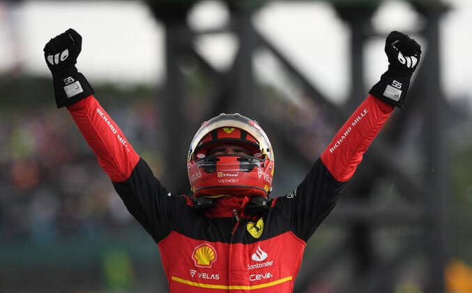 3rd July 2022, Silverstone Circuit, Silverstone, Northamptonshire, England: British F1 Grand Prix, Race day: Carlos Sainz of Spain driving (55) the Ferrari F1-75 celebrates winning the Silverstone Grand Prix  ActionPlus12404716 SimonxWest