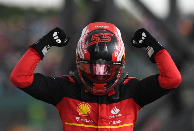 3rd July 2022, Silverstone Circuit, Silverstone, Northamptonshire, England: British F1 Grand Prix, Race day: Carlos Sainz of Spain driving (55) the Ferrari F1-75 celebrates winning the Silverstone Grand Prix  ActionPlus12404718 SimonxWest